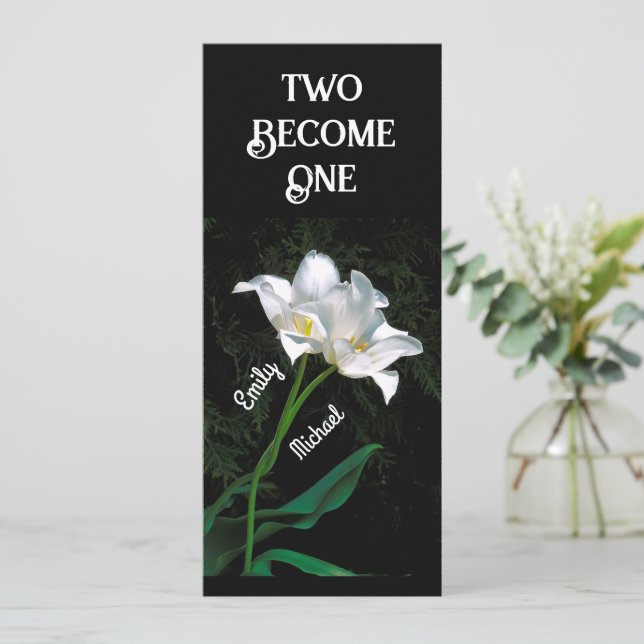  "TWO BECOME ONE" --2 INTERTWINING WHITE TULIPS INVITATION (Standing Front)