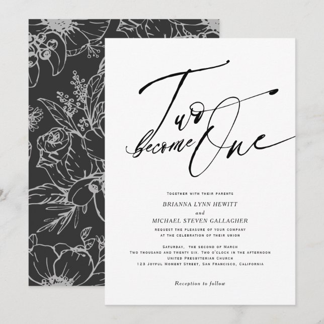 Two become One Modern Calligraphy black and white  Invitation (Front/Back)