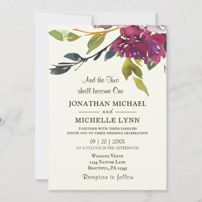 Two Become One Purple Floral Christian Wedding Invitation (Front)