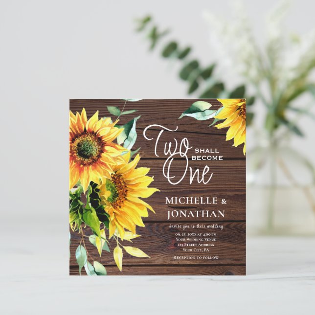 Two Become One Sunflowers Wood Christian Wedding Invitation (Standing Front)