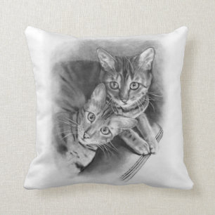 Two Bengal Cats: Original Realism Pencil Drawing Throw Pillow