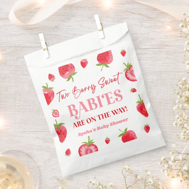 Two Berry Sweet Babies Strawberry Twin Baby Shower Favour Bag (Clipped)