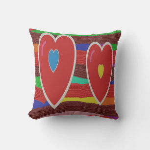 Two big hearts red on mixed colour stripes throw pillow