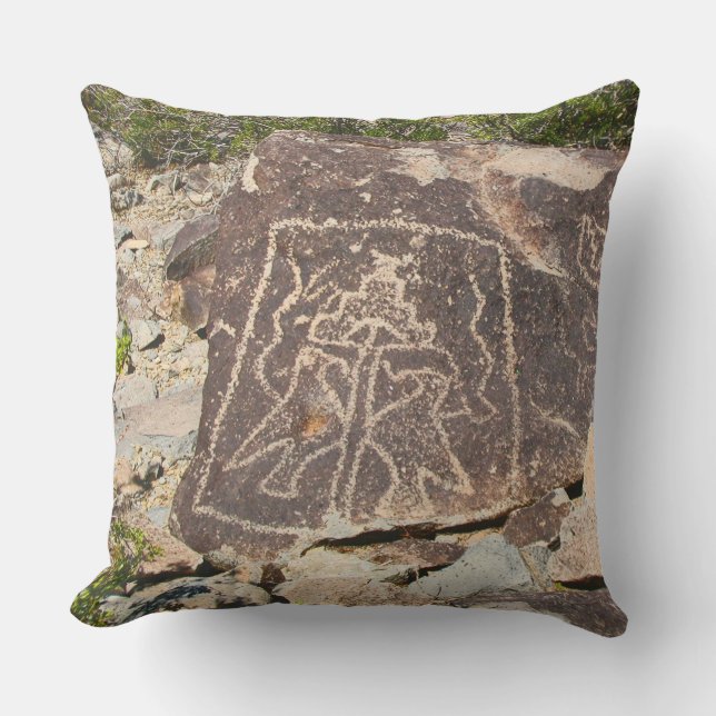 Two birds beneath a Terraced Mountain Petroglyph Outdoor Pillow (Front)