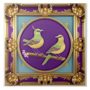 Two Birds in Ornate Gold Frame Tile