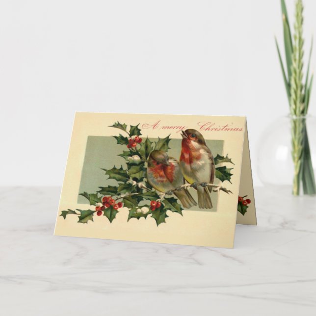 Two birds on a Holly branch Holiday Card (Front)