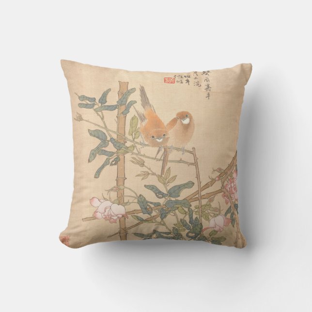 Two Birds on Rose Bamboo Trellis Oriental Art Throw Pillow (Front)