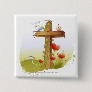 Two birds perching on a cross 2 inch square button