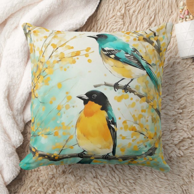 Two Birds Sitting on Tree Branch Throw Pillow (Blanket)