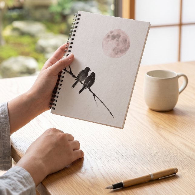 Two Birds Sumi-E | Blush Moon Notebook (Lifestyle Shot)