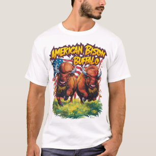 Two Bison Standing Before American Flag T-Shirt