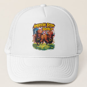 Two Bison Standing Before American Flag Trucker Hat