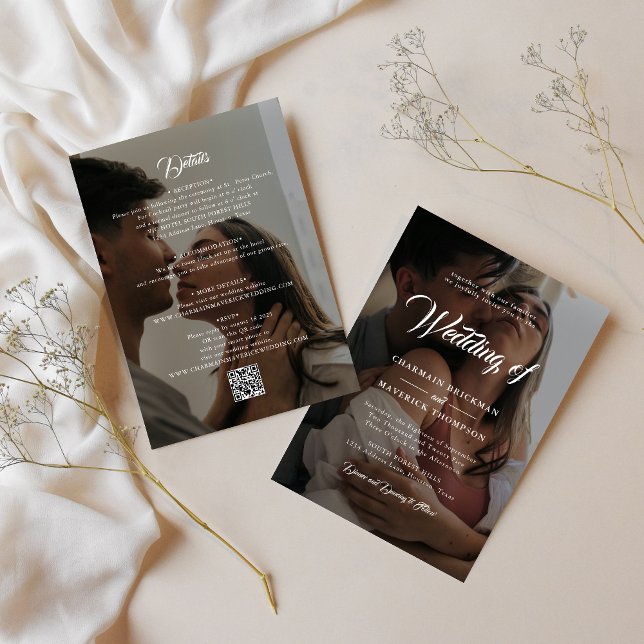 Two Black and White Photo w/ QR CODE Wedding  Invitation (Creator Uploaded)