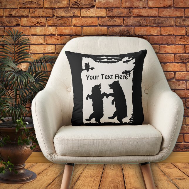 Two Black Bears Dancing Under Trees Owl on White Throw Pillow (Two bears dancing in woods owl in tree in black silhouette on white on throw decorative pillow.)