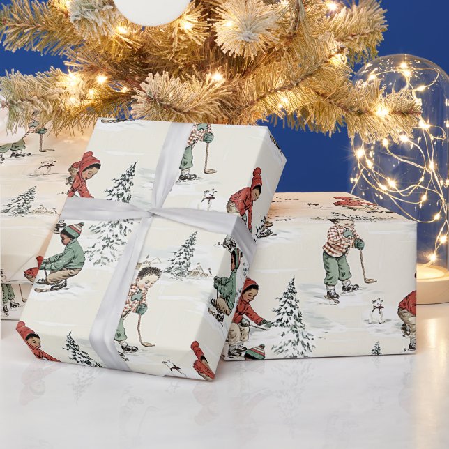 Two Black Boys Playing Outdoor Winter Hockey Wrapping Paper (Holidays)