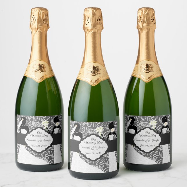 Two Black Brides Our Wedding Day Botanical Damask Sparkling Wine Label (Bottles)