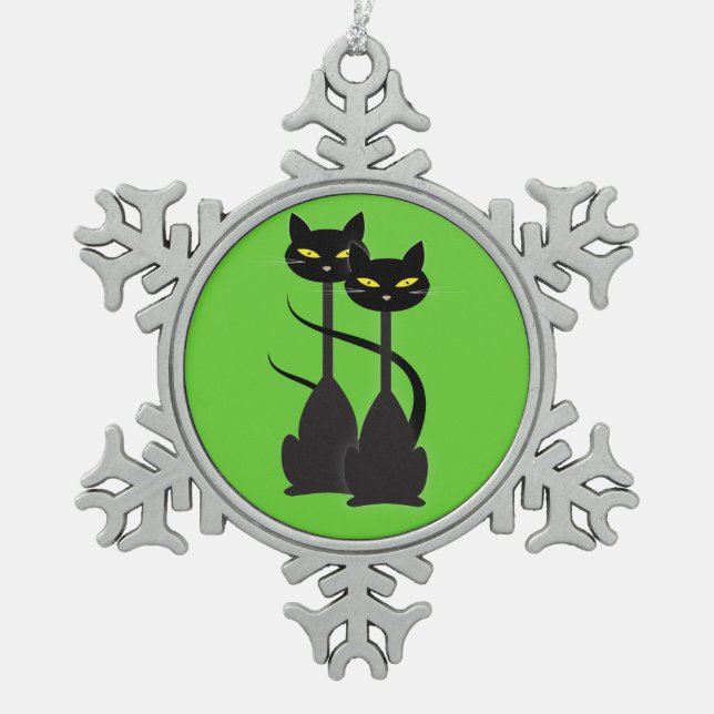 Two Black Cats with Long Necks on Green Snowflake Pewter Christmas Ornament (Front)