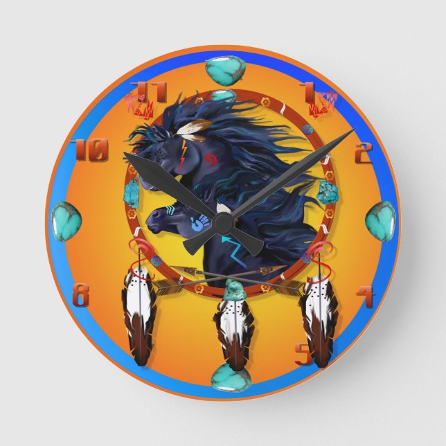 Two Black Horses Mandala Round Clock (Front)