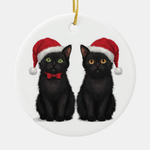 Two Black Kittens Santa Hat Christmas Ceramic Ornament