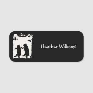 Two Black Silhouette Dancing Bears Trees Owl Cloud Name Tag