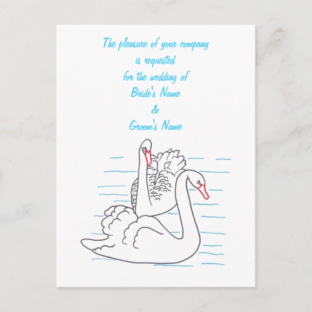 Two Black Swans Drawing Wedding Invite Postcards (Front)