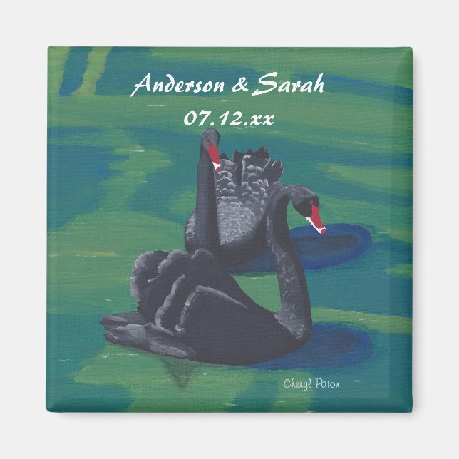 Two Black Swans Swimming Personalized Date Magnets (Front)