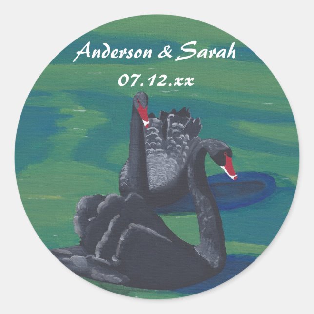 Two Black Swans Swimming Personalized Date Sticker (Front)