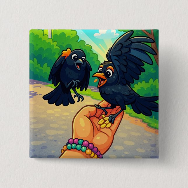 Two blackbirds feeding from hand cartoon 2 inch square button (Front)