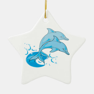 Two Blue Bottlenose Dolphins Jumping Out of Water Ceramic Ornament