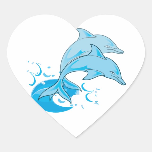 Two Blue Bottlenose Dolphins Jumping Out of Water Heart Sticker (Front)