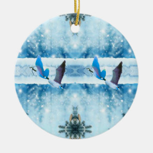 Two Blue Christmas Geese Ceramic Ornament