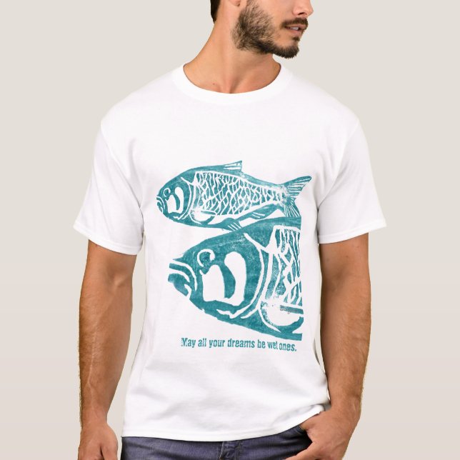 Two Blue Fishes Lino Block Print T Shirts (Front)