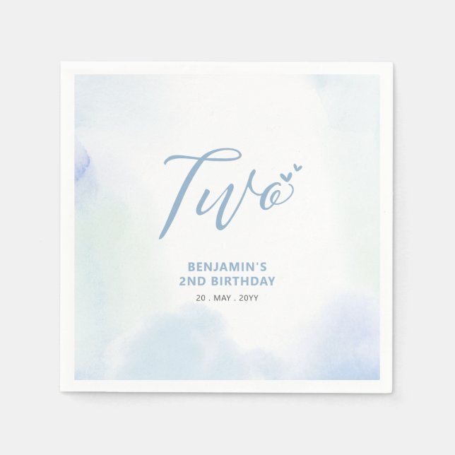 Two | Blue Hearts & Watercolor Boy 2nd Birthday Napkin (Front)