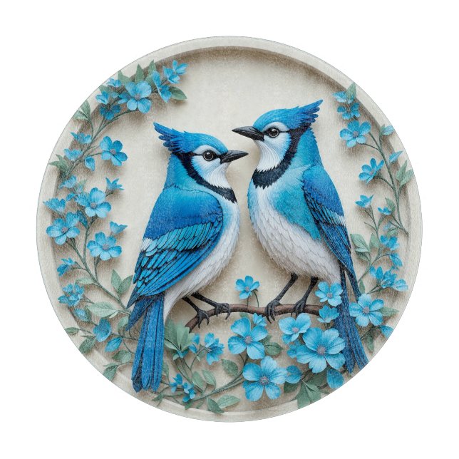 Two Blue Jays Resting on a Branch Cutting Board (Front)