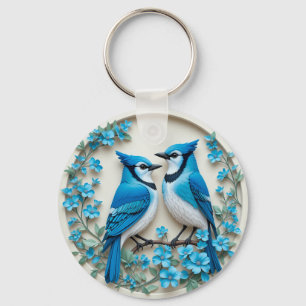 Two Blue Jays Resting on a Branch Keychain
