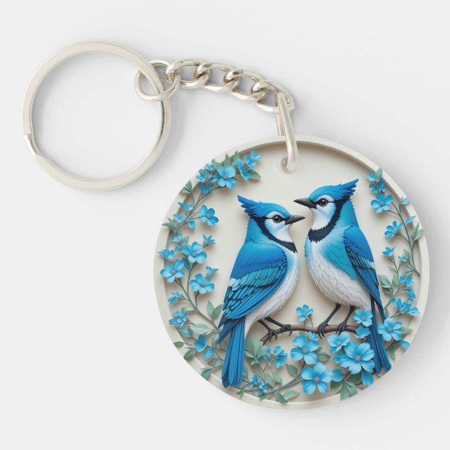 Two Blue Jays Resting on a Branch Keychain (Front)
