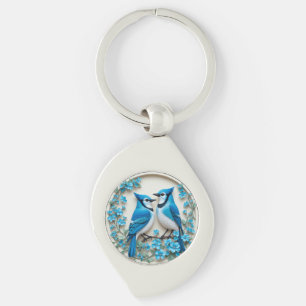 Two Blue Jays Resting on a Branch Keychain
