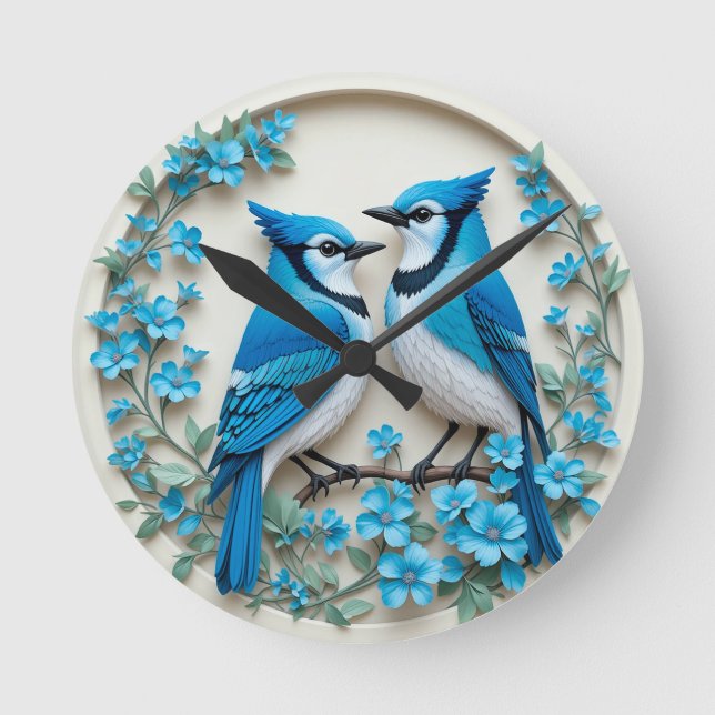Two Blue Jays Resting on a Branch Round Clock (Front)