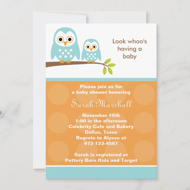 Two Blue Owls Baby Shower Invitations (Orange) (Front)