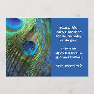 Two Blue Peacock Feathers Birthday Invitation