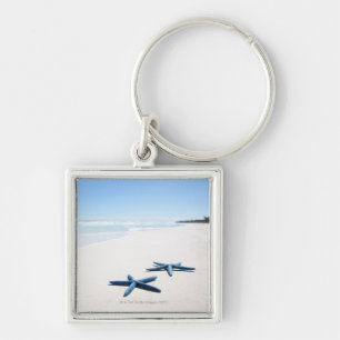 Two blue starfish at water's edge on tropical 2 keychain