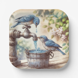 Two Bluebirds On a Retro Faucet Paper Plate