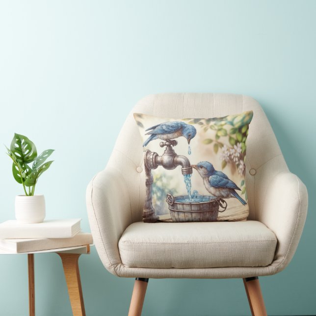 Two Bluebirds With a Retro Water Faucet Throw Pillow (Chair)