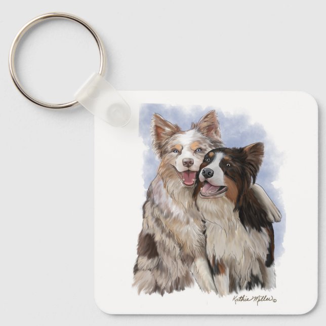 Two Border Collie Buddies cartoon Keychain (Front)
