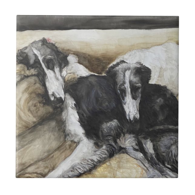 Two Borzoi Russian Wolfhound  Dog Art Ceramic Tile (Front)