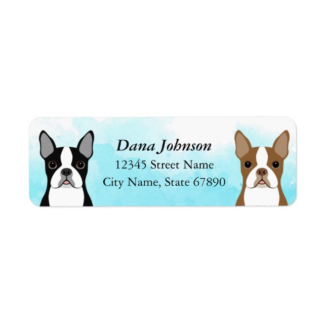 Two Boston Terrier Dogs Blue Return Address Labels (Front)