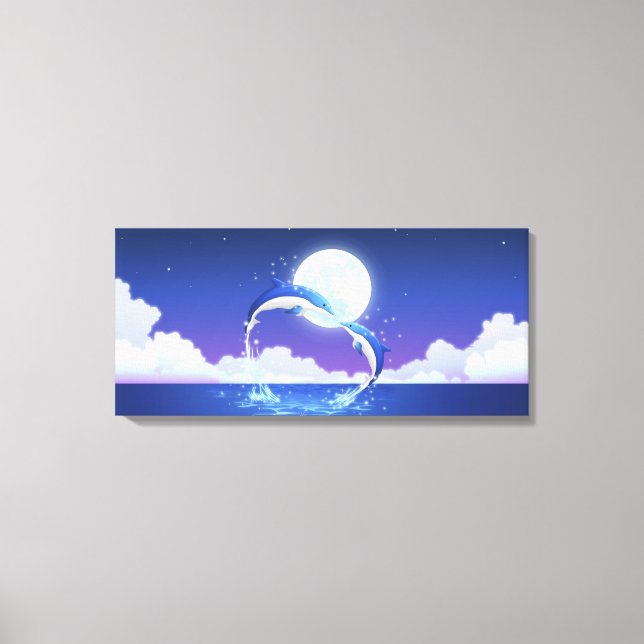 Two bottle-nosed dolphins jumping out of water canvas print (Front)