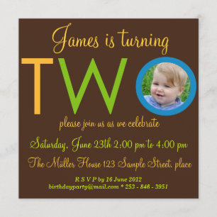 "TWO" Boy Second Birthday Party Photo Invitations
