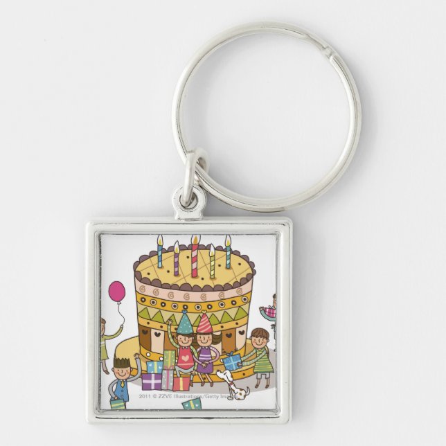 Two boys and three girls in a birthday party keychain (Front)