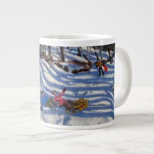 Two boys falling off a sledge Morzine Large Coffee Mug